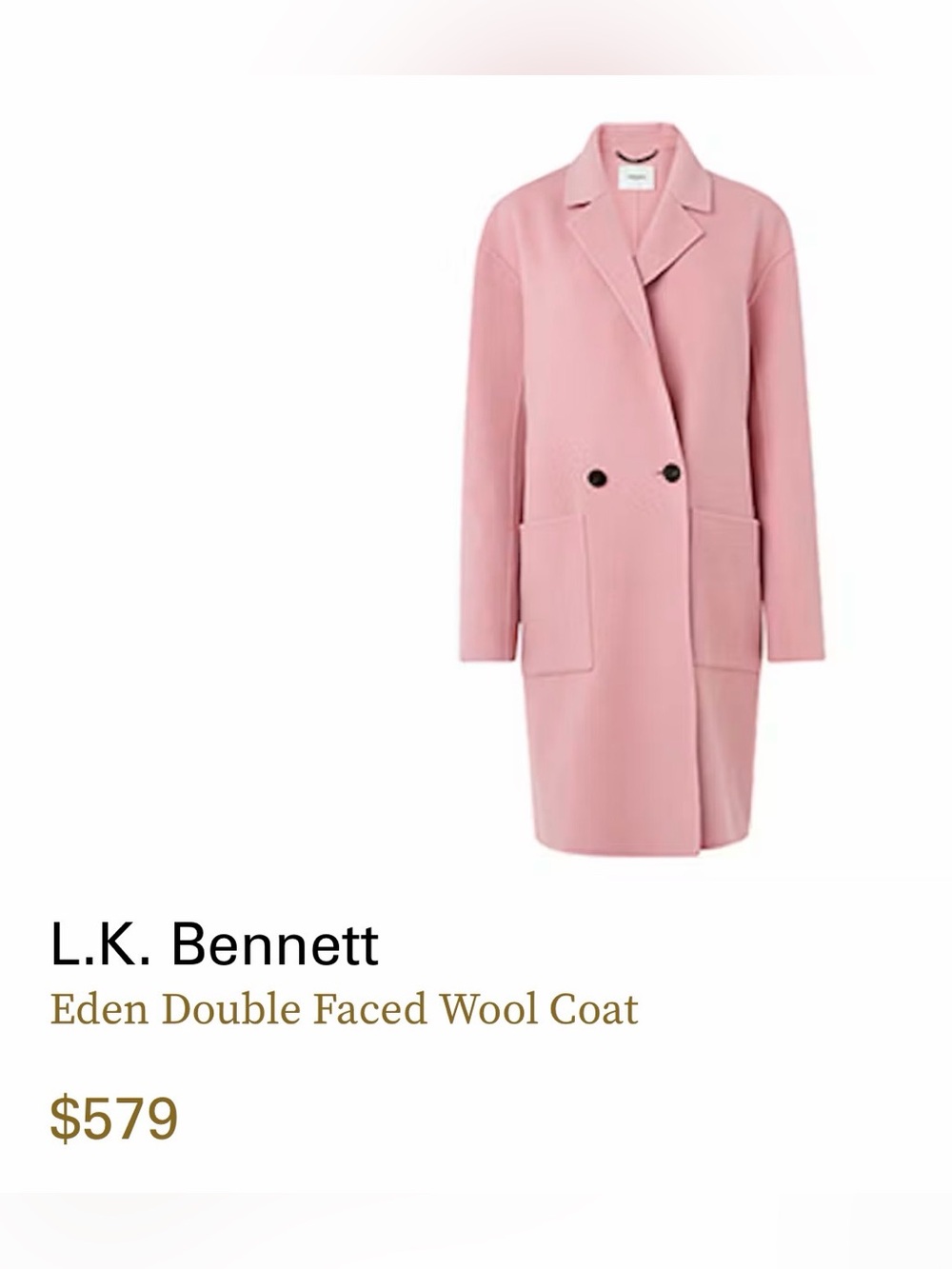 LK Bennett Eden Single-Breasted Wool Trench Coat, Bardot Pink